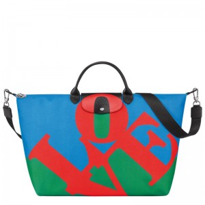 Red/Navy Women's Longchamp x Robert Indiana Travel Bags | 589402-AIQ